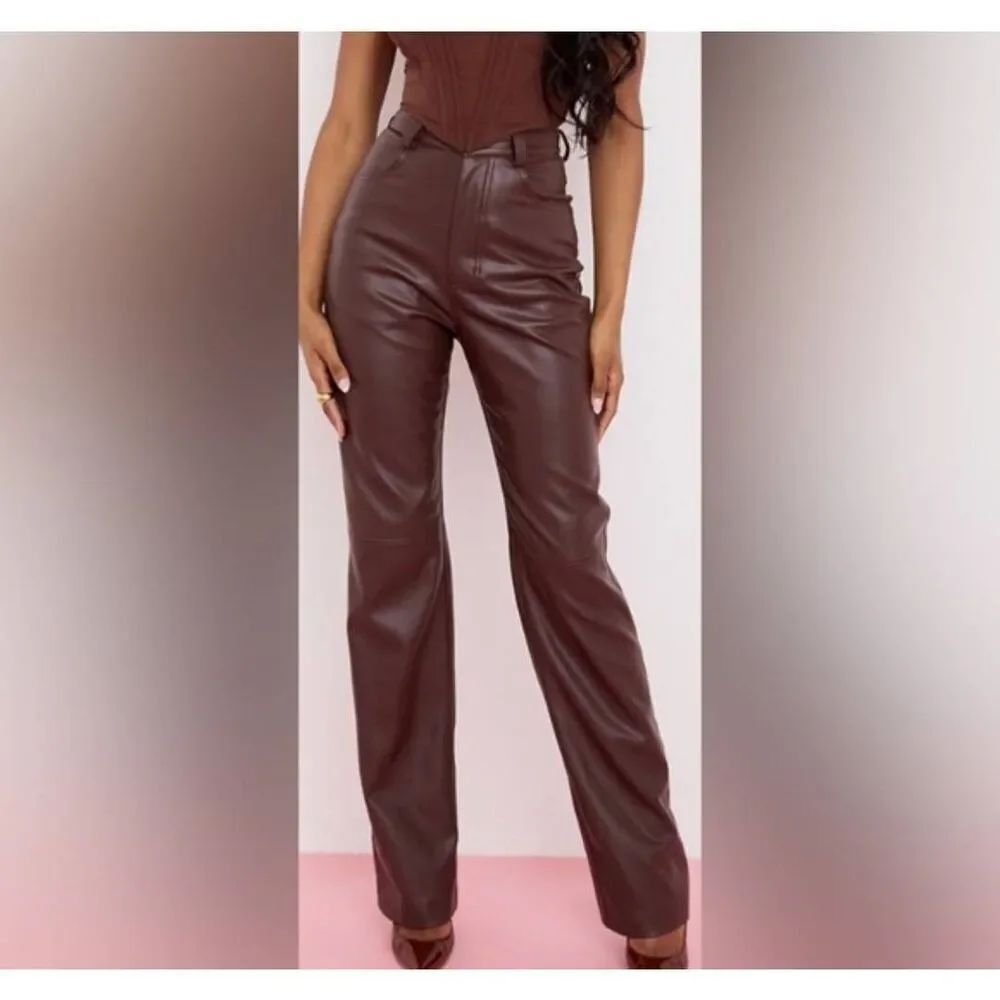 House of CB Inaya Dark Brown Stretch Vegan Leather Trousers Size Medium